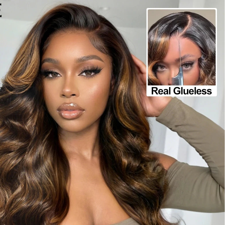 Glamazon 7x5 Pre Cut Lace Balayage Brown Body Wave Glueless Wig Pre Plucked Bleached Knots Natural Hairline 100% Human Hair Wigs
