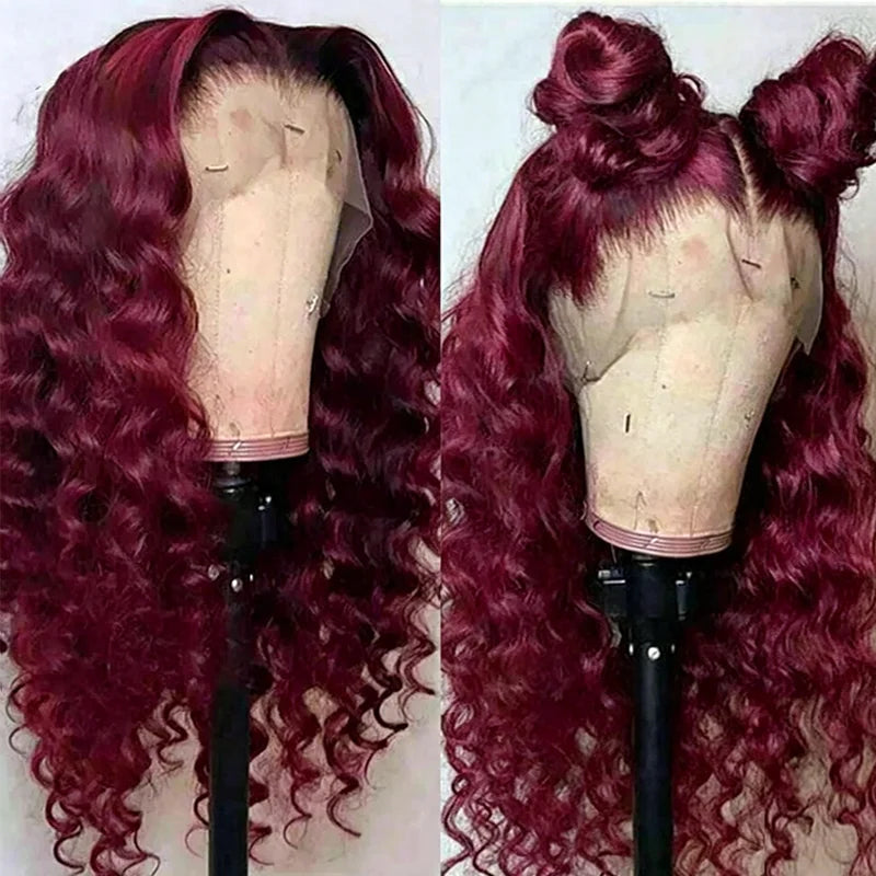 Glamazon 250% 13x4 HD Transparent 99J Burgundy Loose Wave Lace Front Wigs Deep Wave Frontal Wig Colored 99j Burgundy Deep Curly Lace Front Human Hair Wigs Preplucked For Women