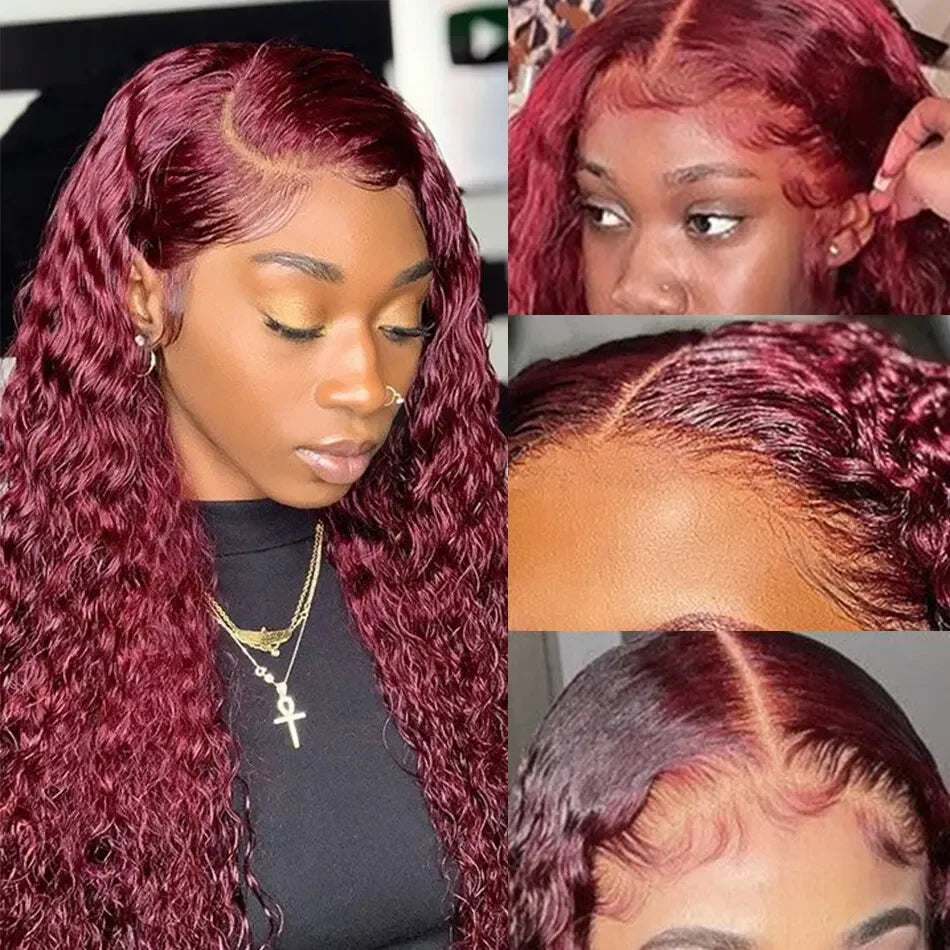 Glamazon  99J Burgundy Colored Deep Wave 200 Density 13x6 Transparent Lace Frontal Human Hair Wigs 44 46 Inch 13x4 HD Full Lace Front Wigs