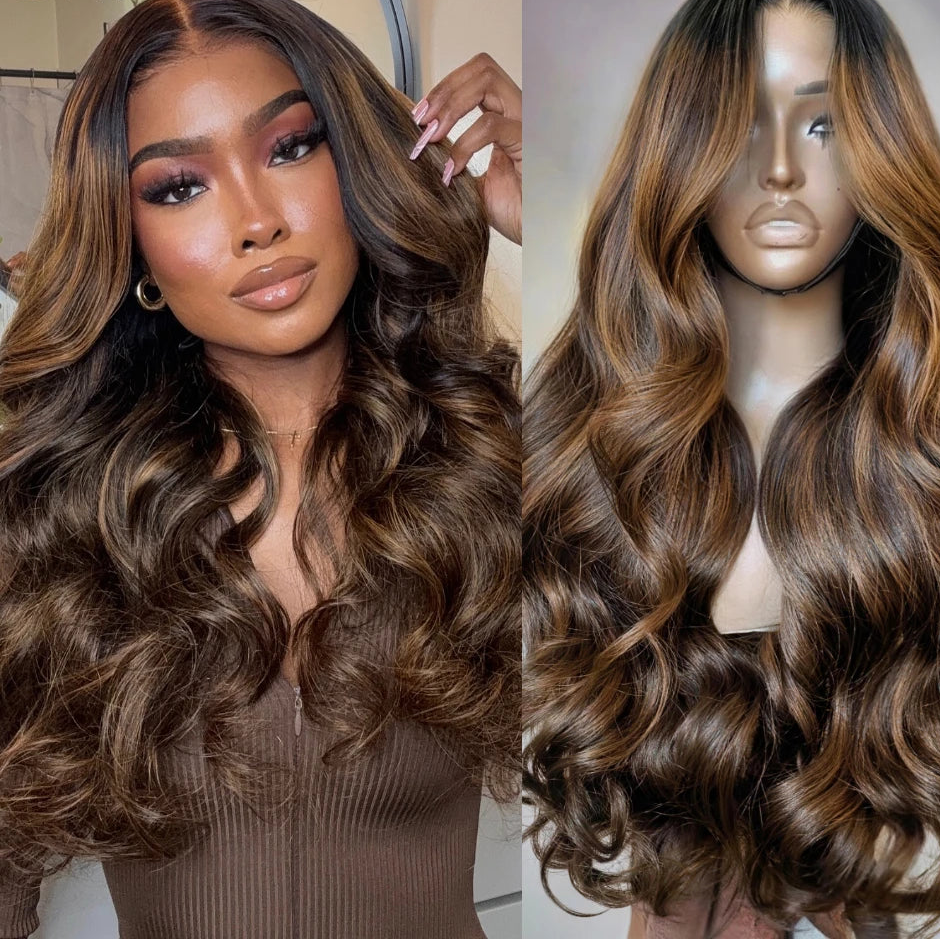 Glamazon 7x5 Pre Cut Lace Balayage Brown Body Wave Glueless Wig Pre Plucked Bleached Knots Natural Hairline 100% Human Hair Wigs