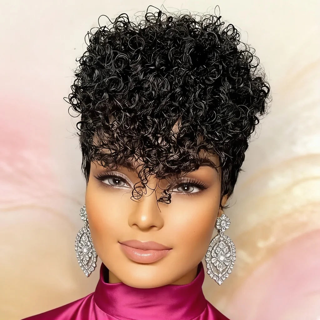 Glamazon Natural Black Short Pixie Cut Wig Curly Human Hair Wig with Pre Plucked Bangs for Women Brazilian Hair Machine Made Wig