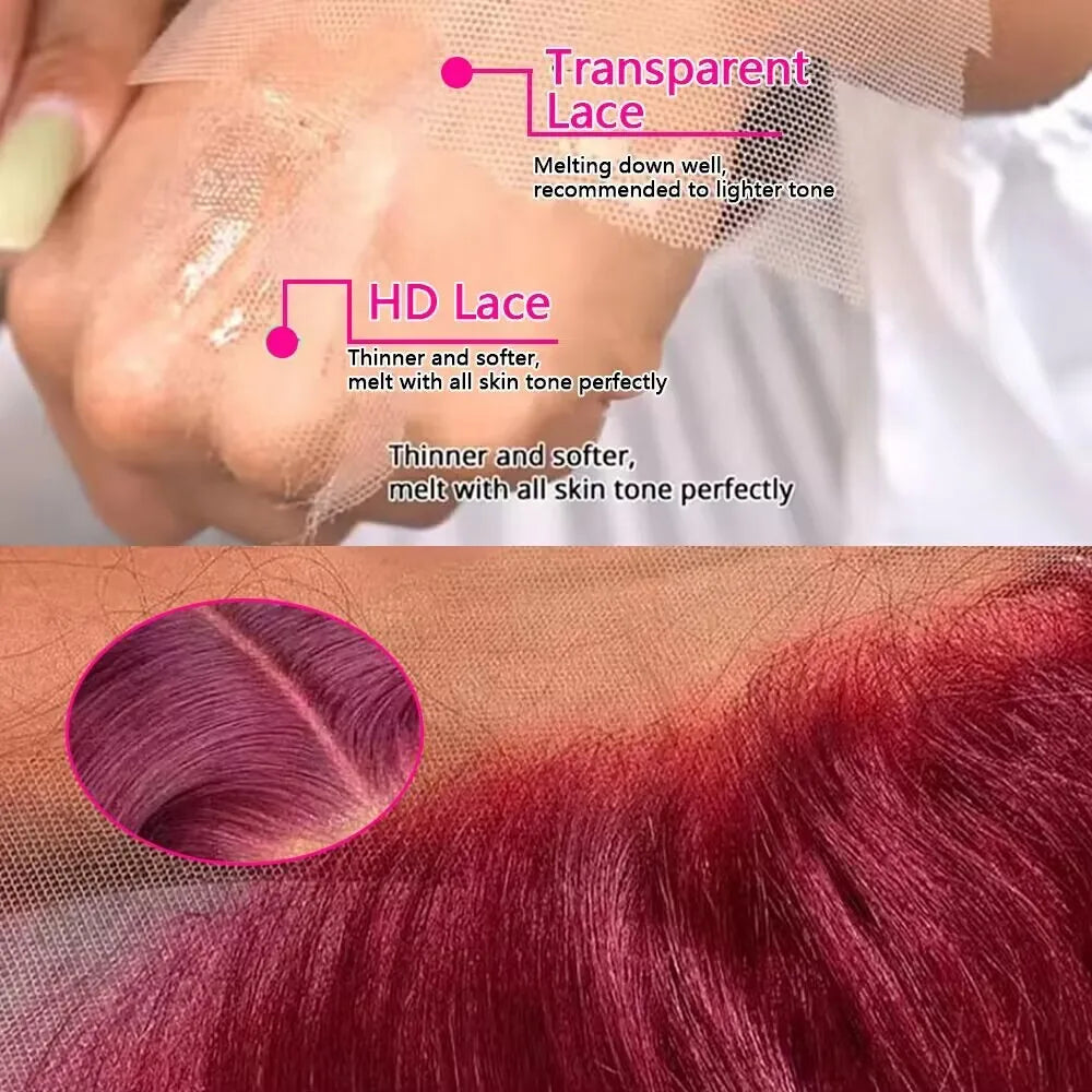Glamazon  99J Burgundy Colored Deep Wave 200 Density 13x6 Transparent Lace Frontal Human Hair Wigs 44 46 Inch 13x4 HD Full Lace Front Wigs