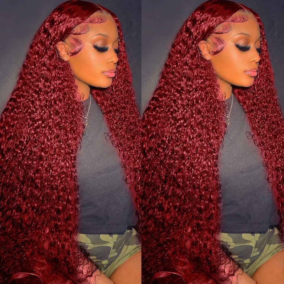 Glamazon  99J Burgundy Colored Deep Wave 200 Density 13x6 Transparent Lace Frontal Human Hair Wigs 44 46 Inch 13x4 HD Full Lace Front Wigs