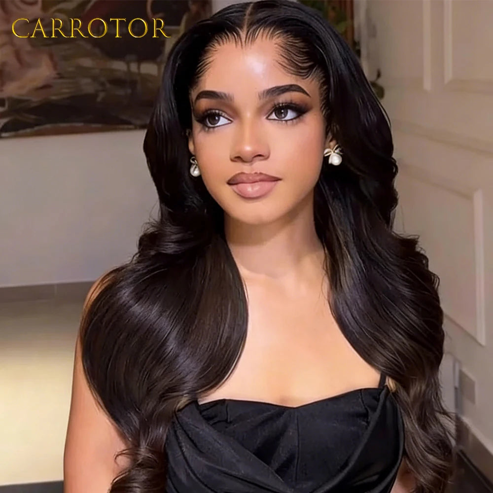 Glamazon Lagos Hairline Body Wave 250% Natural Black Color 13x4 Lace Frontal Glueless Wigs Human Hair Pre Plucked Woman Wigs