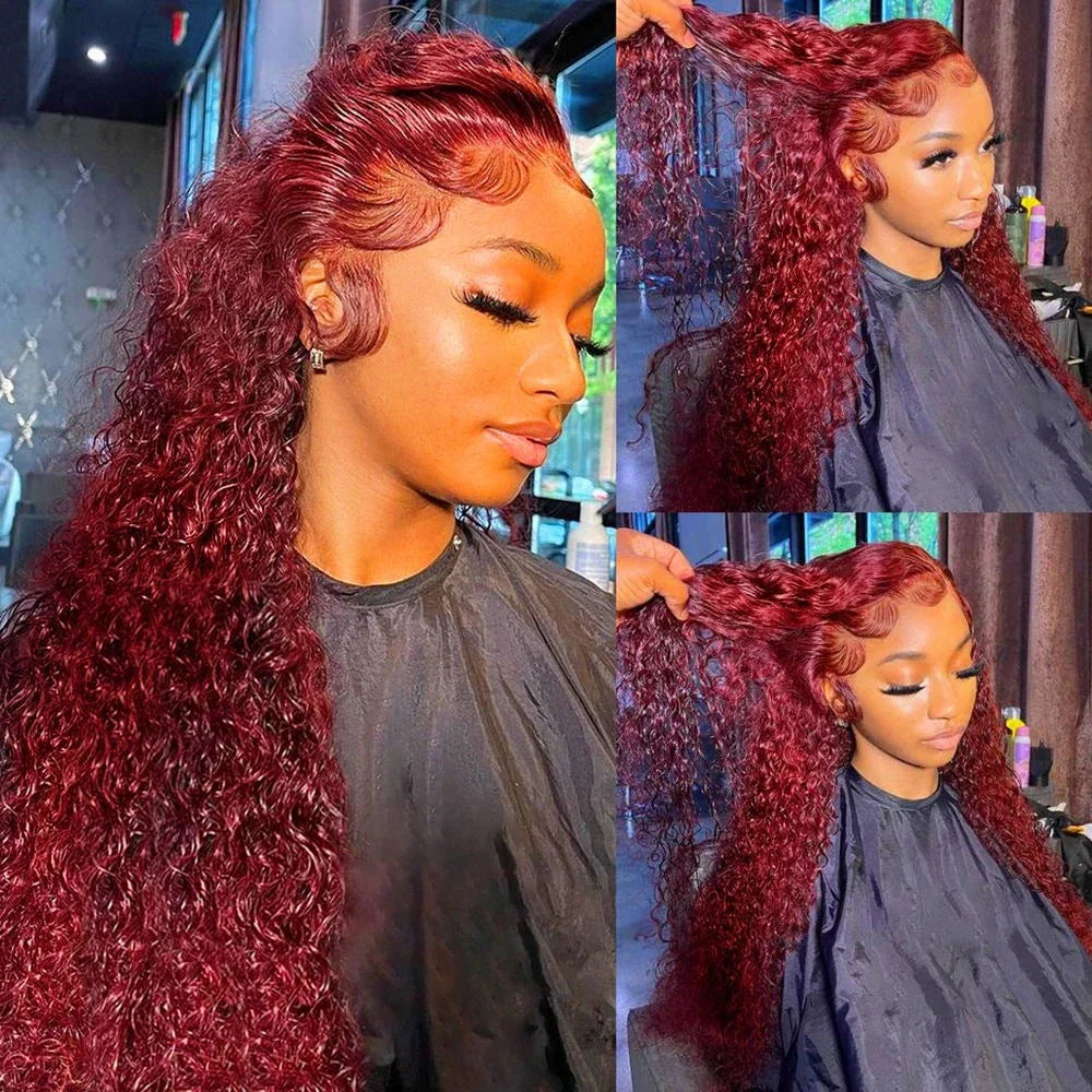 Glamazon  99J Burgundy Colored Deep Wave 200 Density 13x6 Transparent Lace Frontal Human Hair Wigs 44 46 Inch 13x4 HD Full Lace Front Wigs