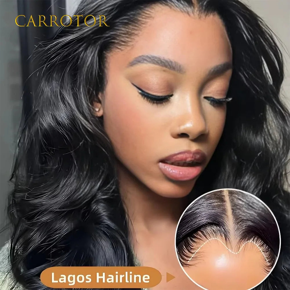Glamazon Lagos Hairline Body Wave 250% Natural Black Color 13x4 Lace Frontal Glueless Wigs Human Hair Pre Plucked Woman Wigs