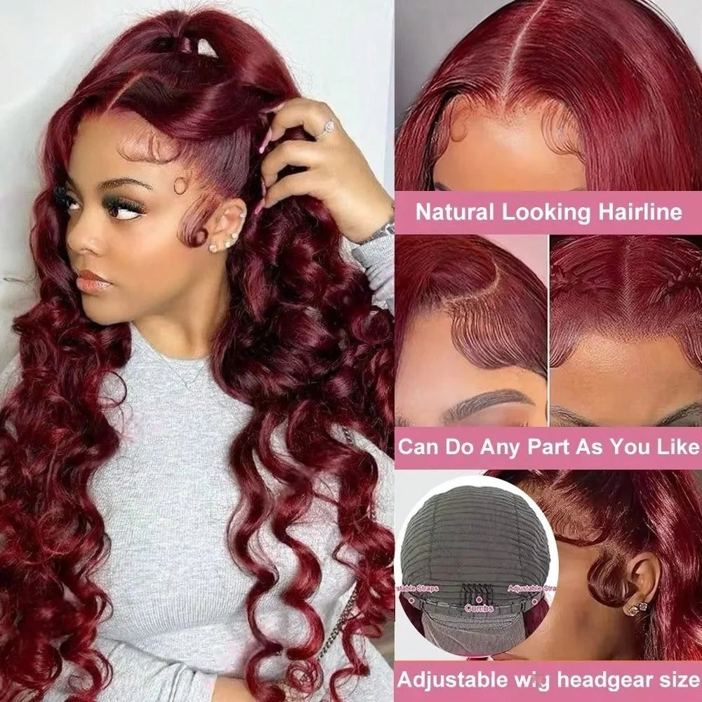 Glamazon 250% 13x4 HD Transparent 99J Burgundy Loose Wave Lace Front Wigs Deep Wave Frontal Wig Colored 99j Burgundy Deep Curly Lace Front Human Hair Wigs Preplucked For Women