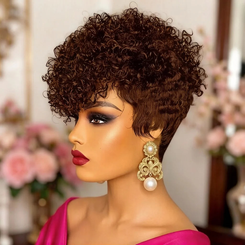 Glamazon Natural Black Short Pixie Cut Wig Curly Human Hair Wig with Pre Plucked Bangs for Women Brazilian Hair Machine Made Wig