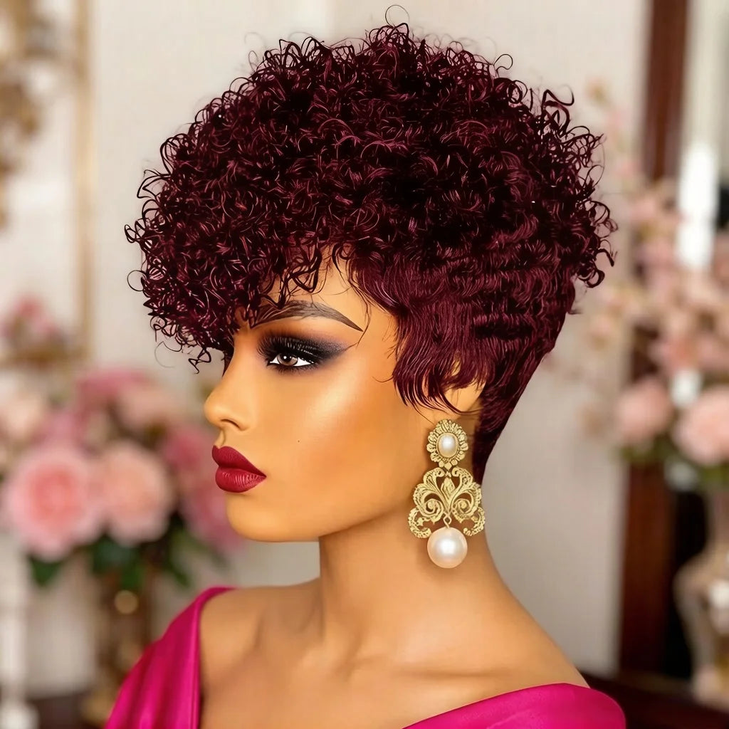 Glamazon Natural Black Short Pixie Cut Wig Curly Human Hair Wig with Pre Plucked Bangs for Women Brazilian Hair Machine Made Wig