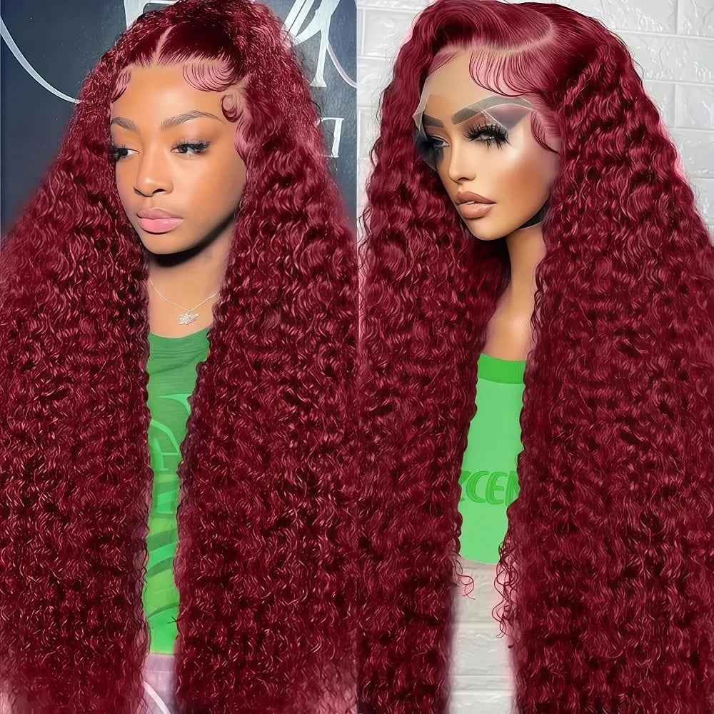 Glamazon  99J Burgundy Colored Deep Wave 200 Density 13x6 Transparent Lace Frontal Human Hair Wigs 44 46 Inch 13x4 HD Full Lace Front Wigs