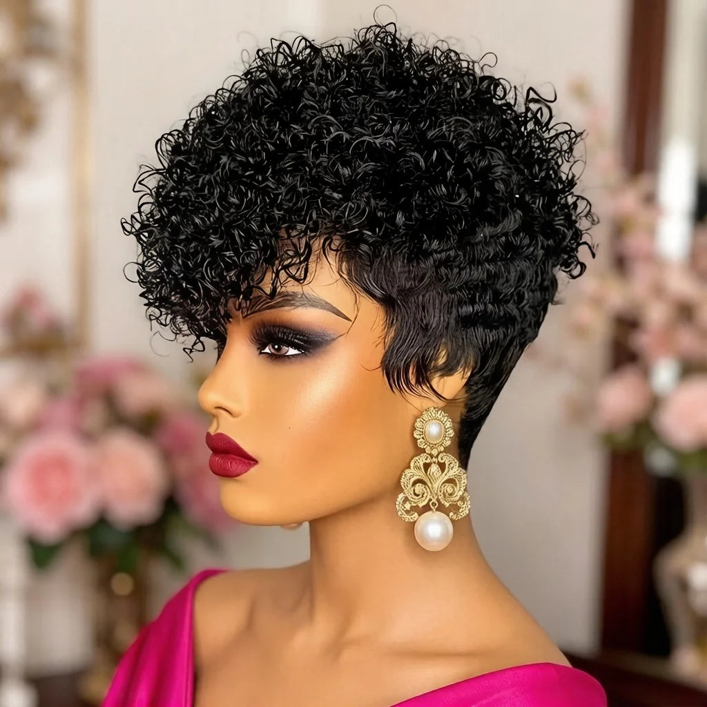 Glamazon Natural Black Short Pixie Cut Wig Curly Human Hair Wig with Pre Plucked Bangs for Women Brazilian Hair Machine Made Wig